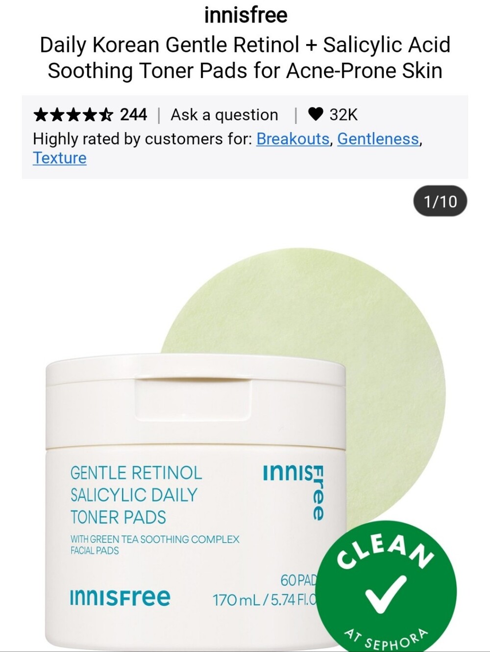 NWT INNISFREE GENTLE RETINOL DAILY SALYCILIC TONER PADS